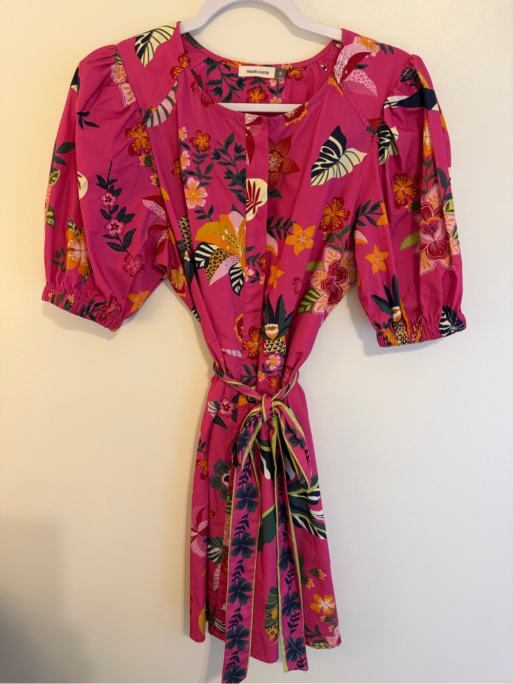 Floral Tie-Waist Mini Dress in Hot Pink